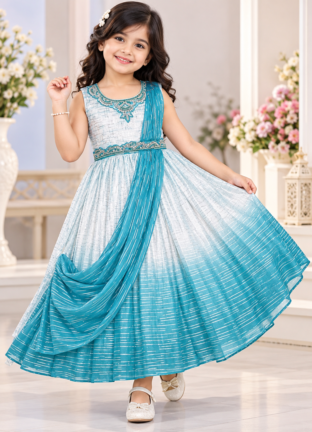 Girls Aqua Blue Embellished Party Long Frock