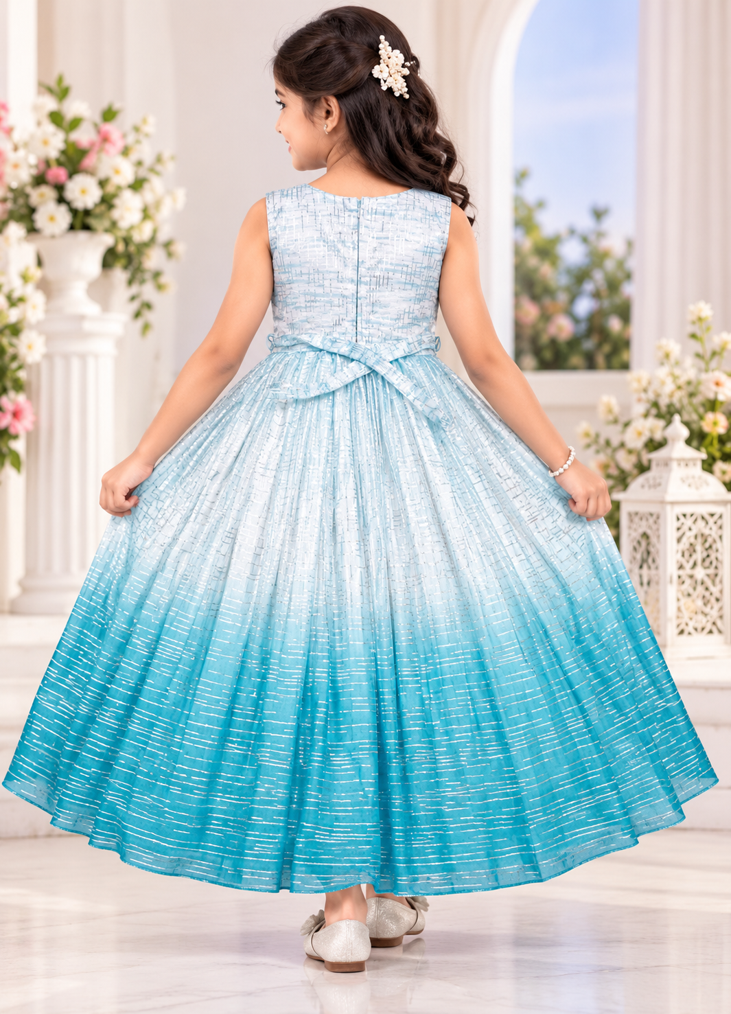 Girls Aqua Blue Embellished Party Long Frock