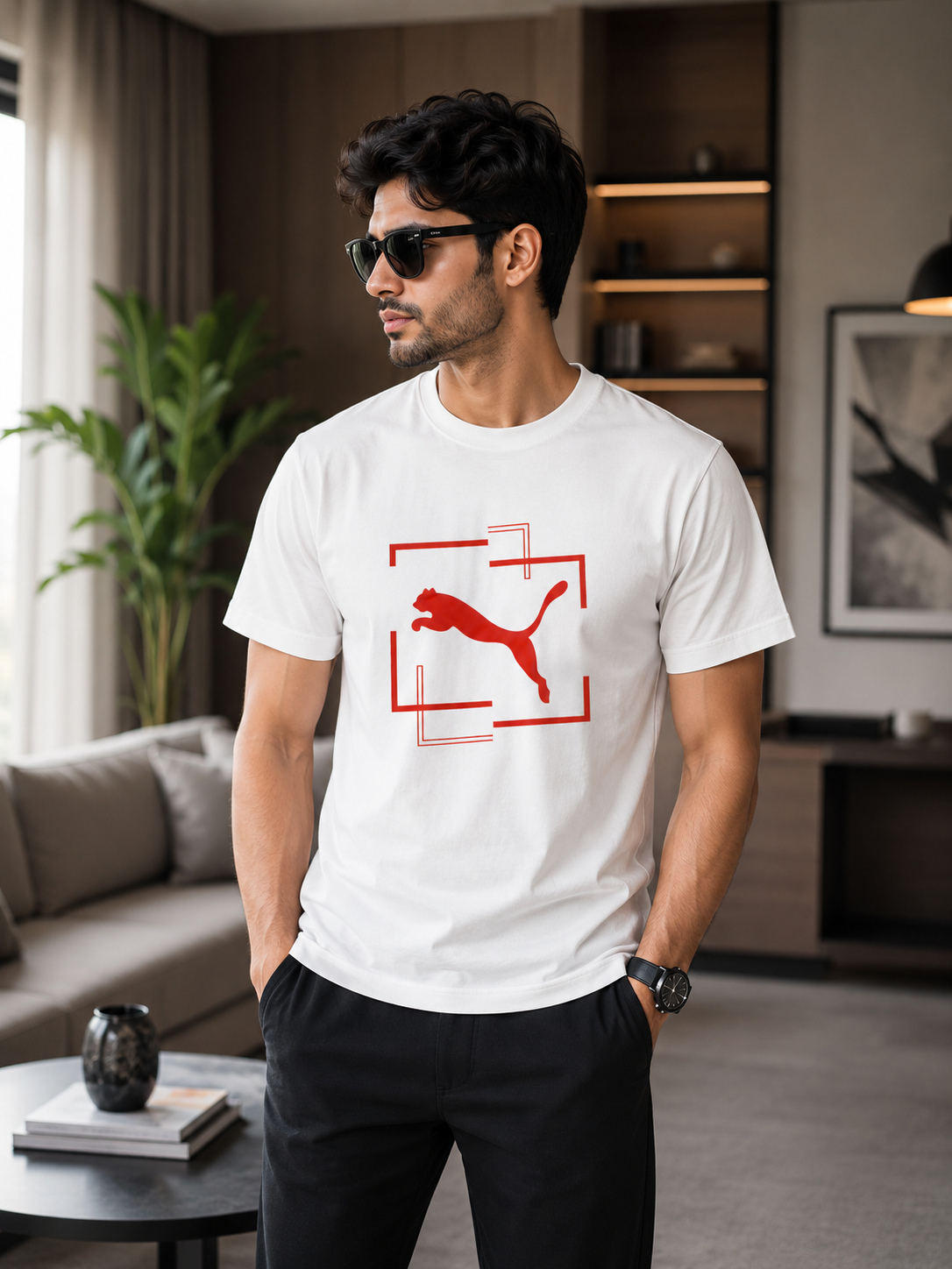 PUMA Men’s White Red Logo Graphic Printed Round Neck T-Shirt
