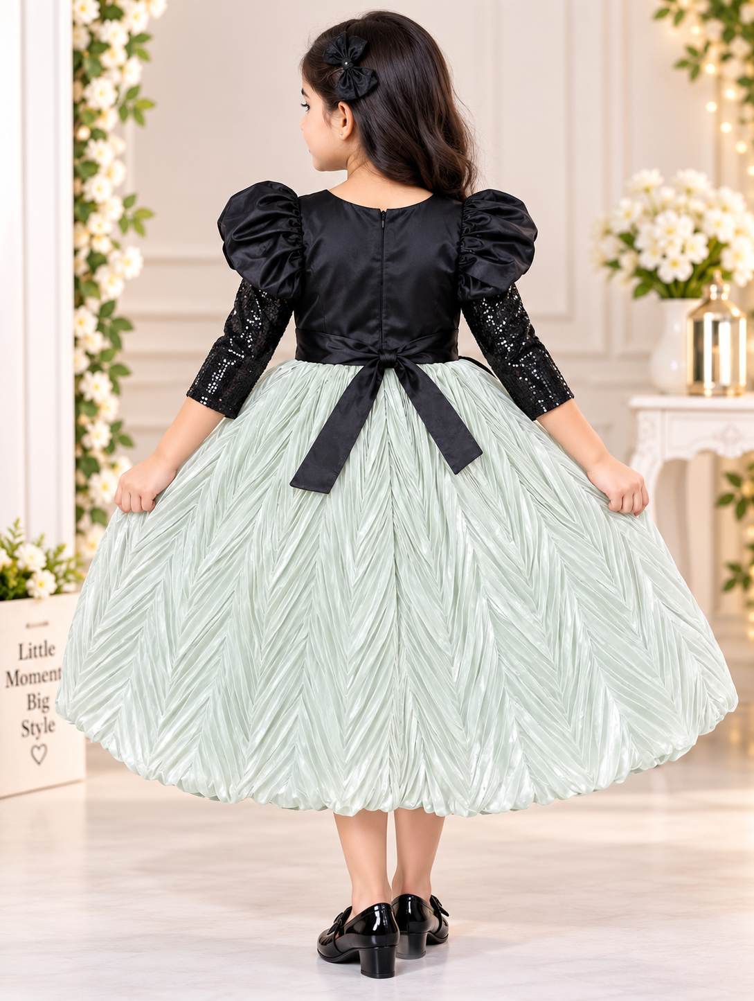 Girls Black & Silver Grey Sequin Party Long Frock