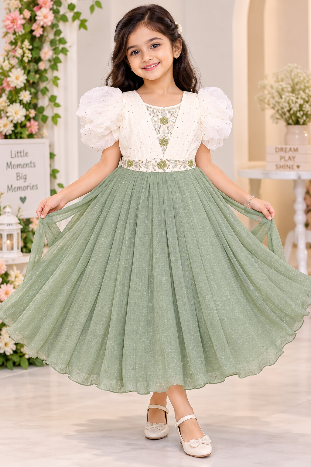 Girls Cream & Sage Green Embellished Long Frock