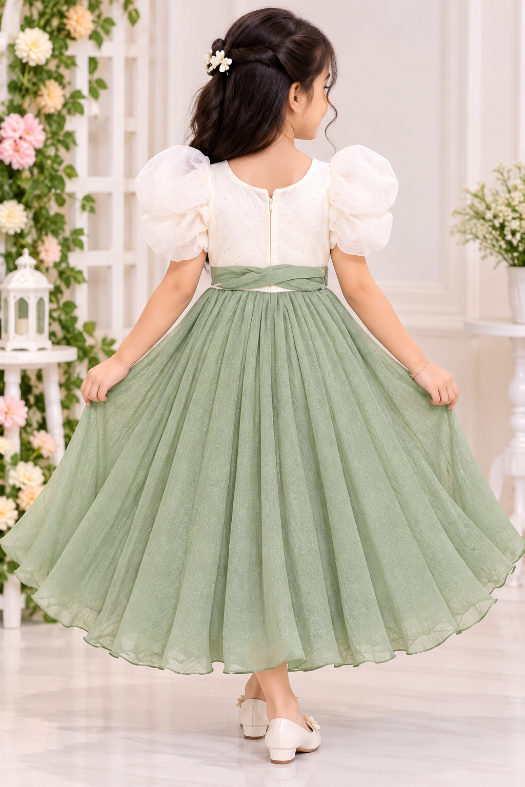 Girls Cream & Sage Green Embellished Long Frock