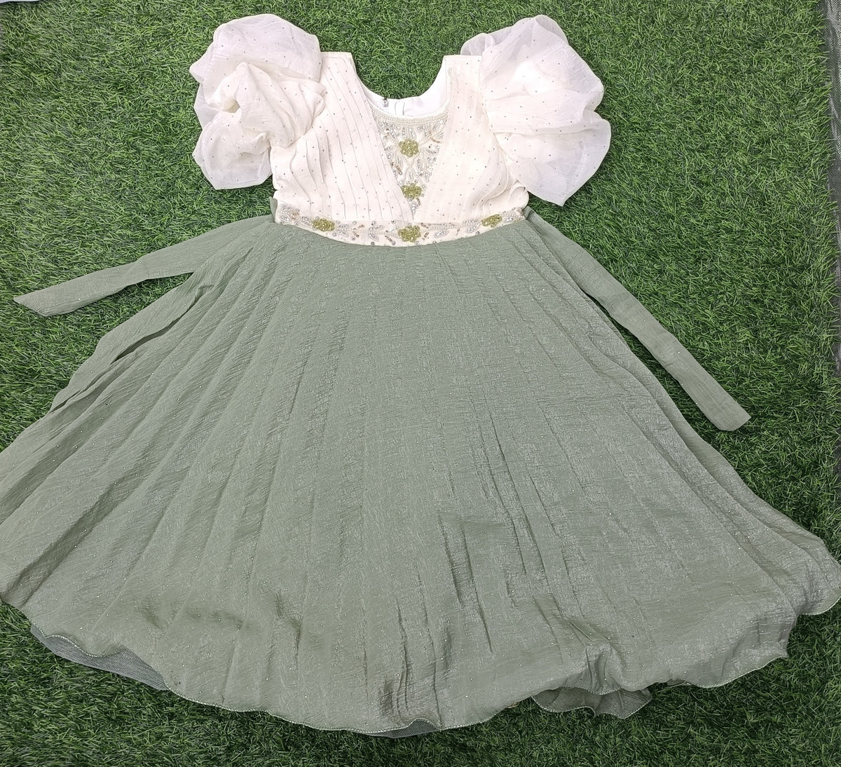 Girls Cream & Sage Green Embellished Long Frock