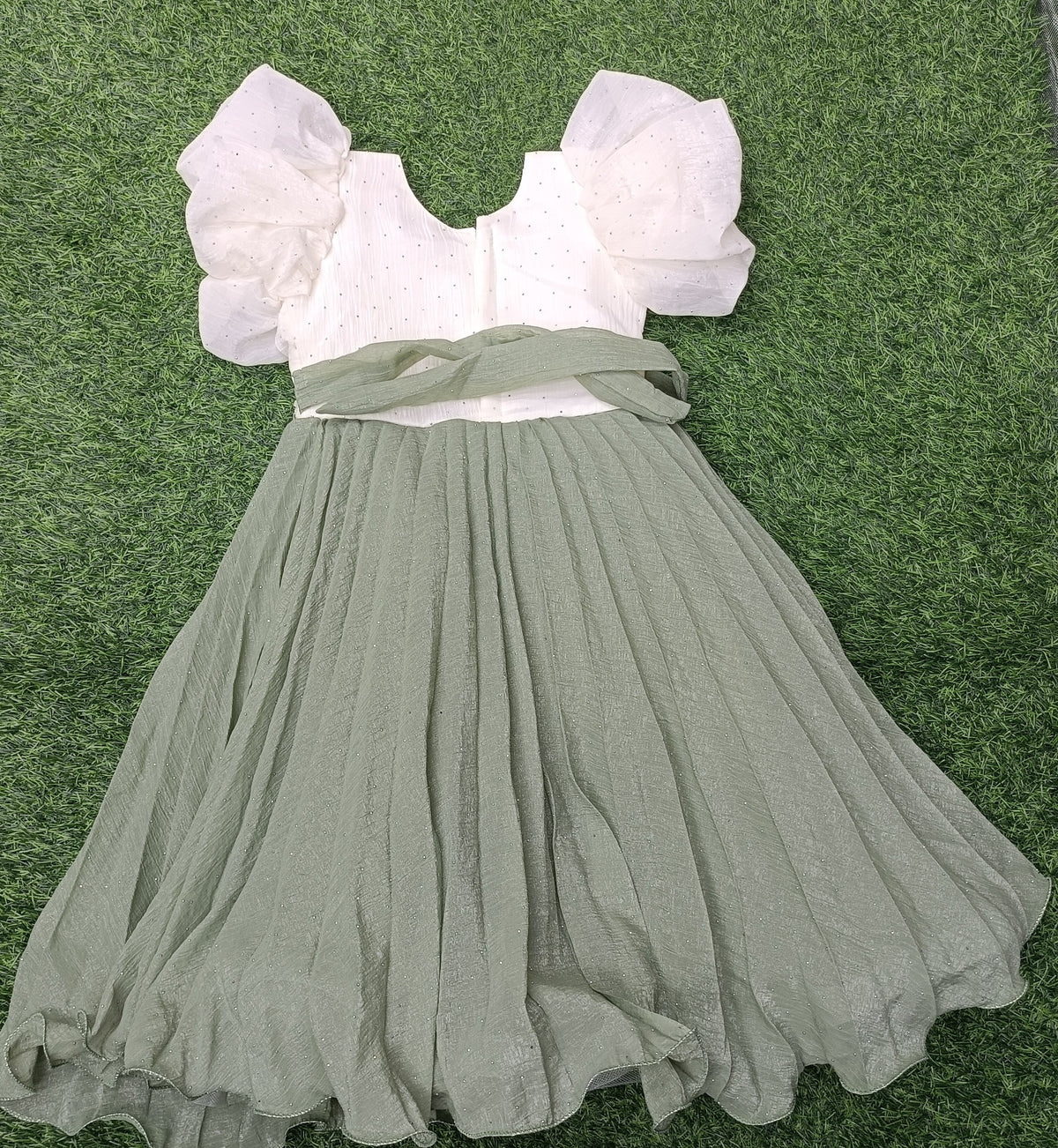 Girls Cream & Sage Green Embellished Long Frock