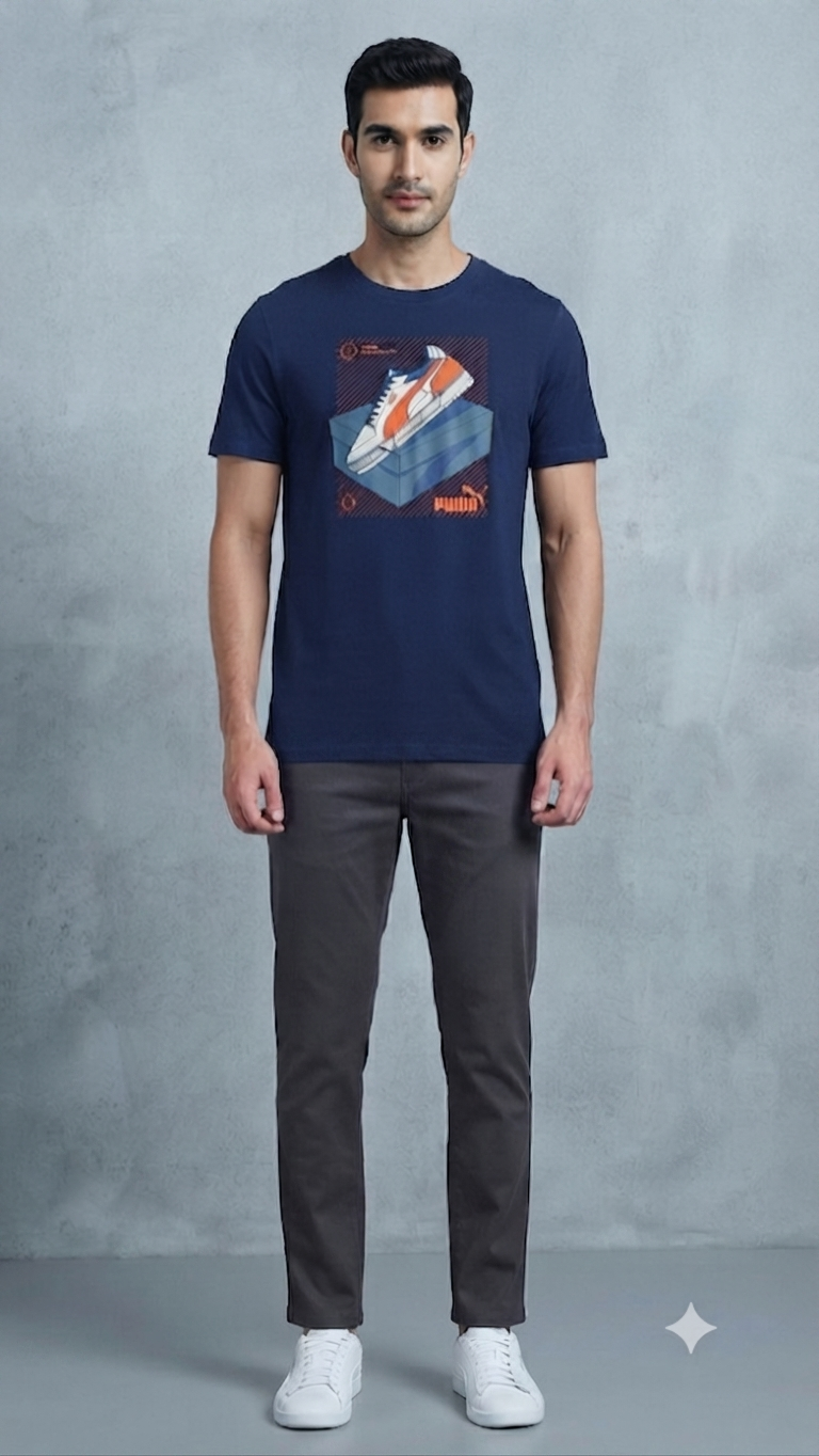 PUMA Men’s Dark Navy Blue Graphic Printed Round Neck T-Shirt
