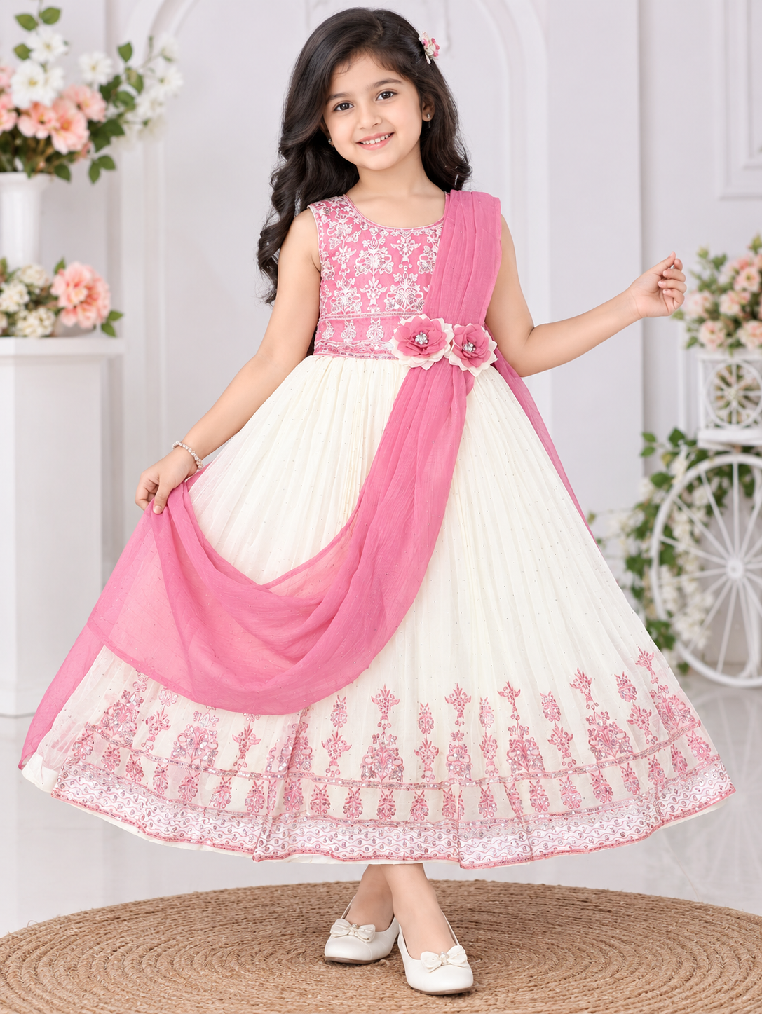 Girls Pink & Cream Embroidered Party Wear Long Frock