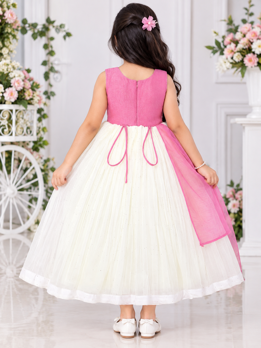 Girls Pink & Cream Embroidered Party Wear Long Frock