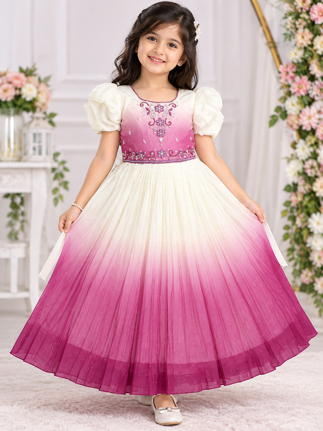 Girls Cream & Wine Shaded Embellished Long Frock