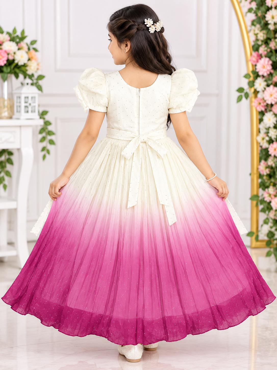 Girls Cream & Wine Shaded Embellished Long Frock