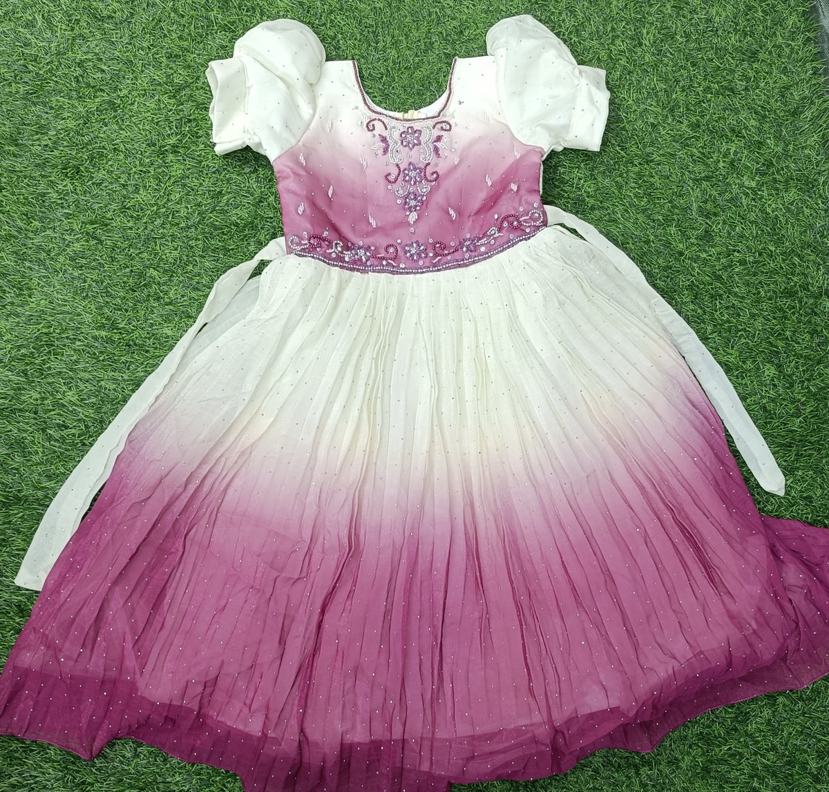 Girls Cream & Wine Shaded Embellished Long Frock