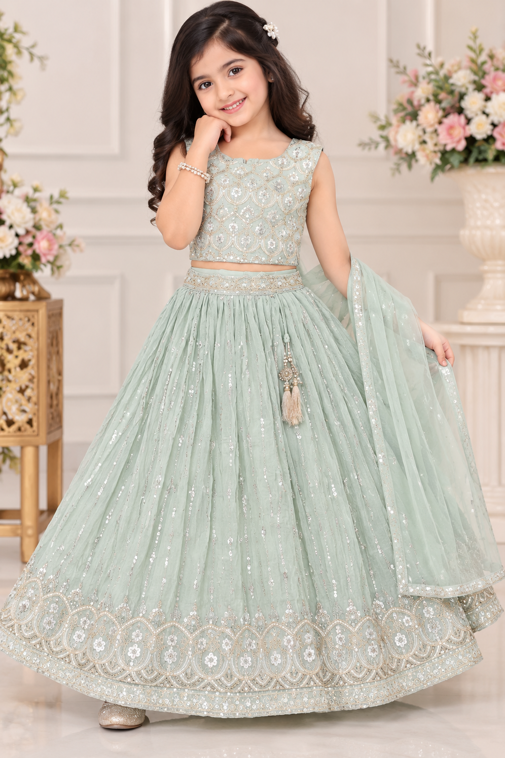 Girls Pista Green Embroidered Net Lehenga Choli with Dupatta