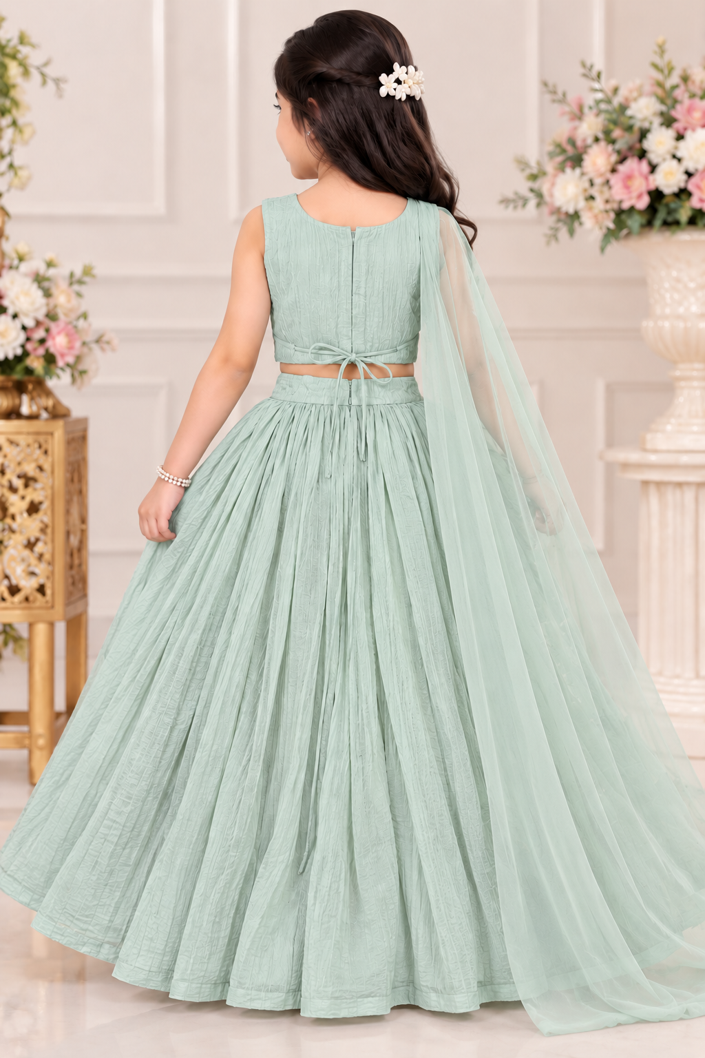Girls Pista Green Embroidered Net Lehenga Choli with Dupatta
