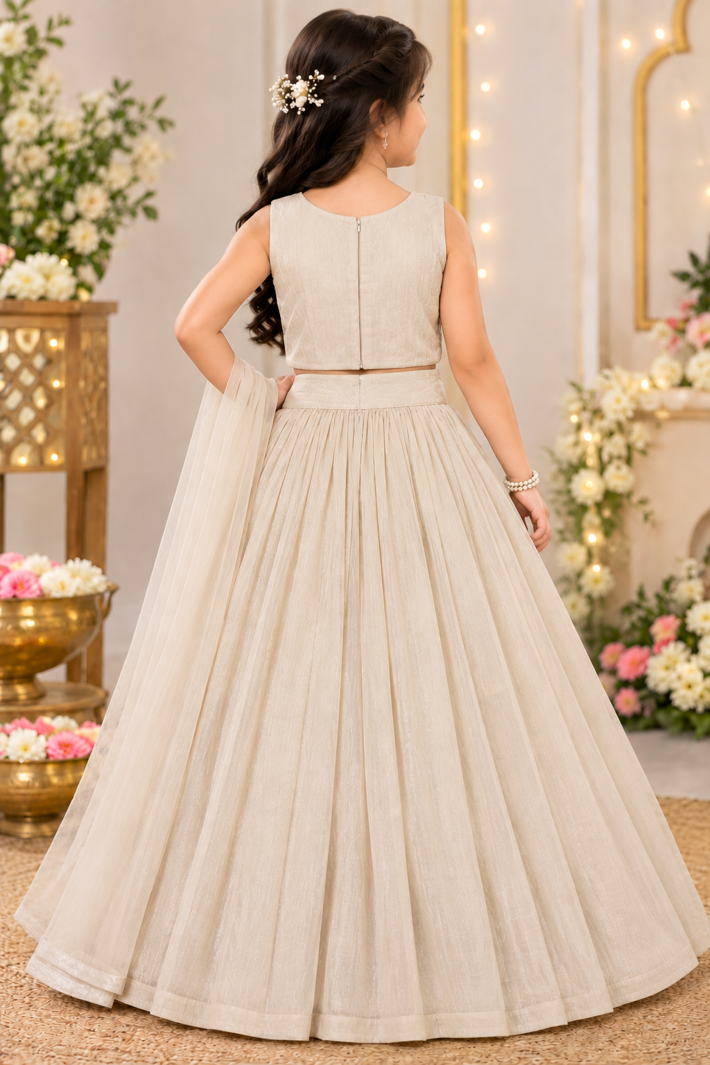 Girls Cream Embroidered Net Lehenga Choli with Dupatta