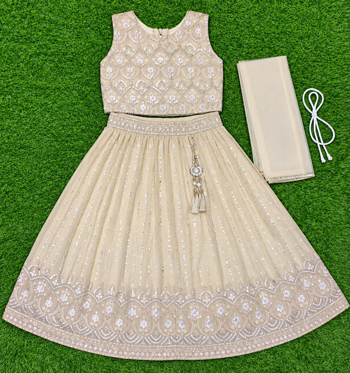 Girls Cream Embroidered Net Lehenga Choli with Dupatta