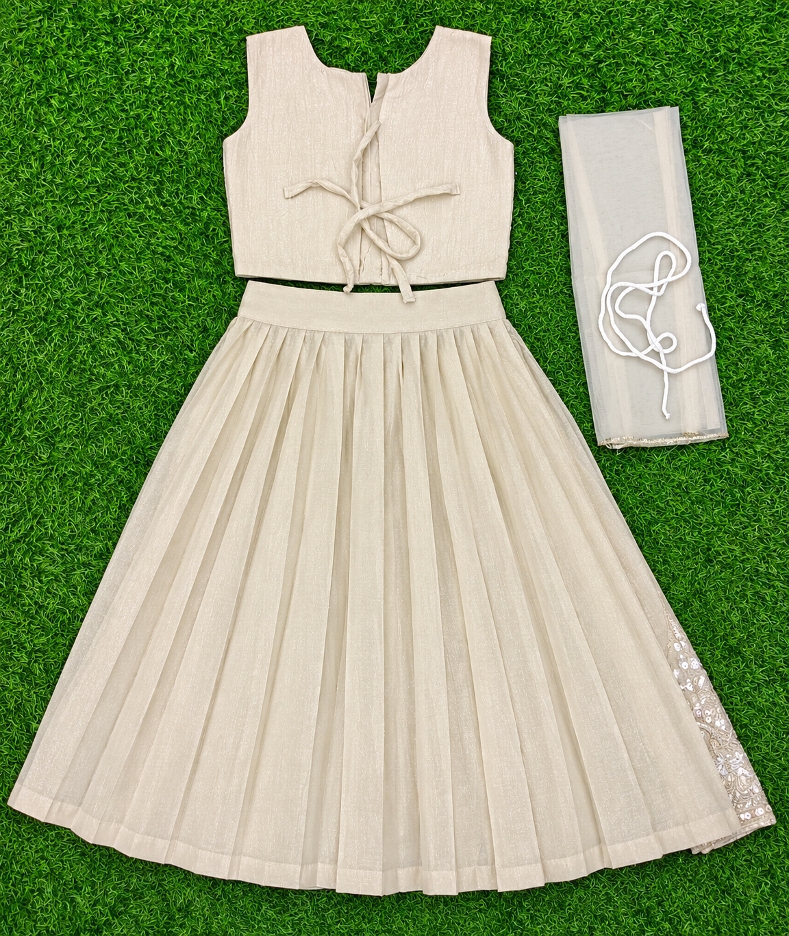 Girls Cream Embroidered Net Lehenga Choli with Dupatta