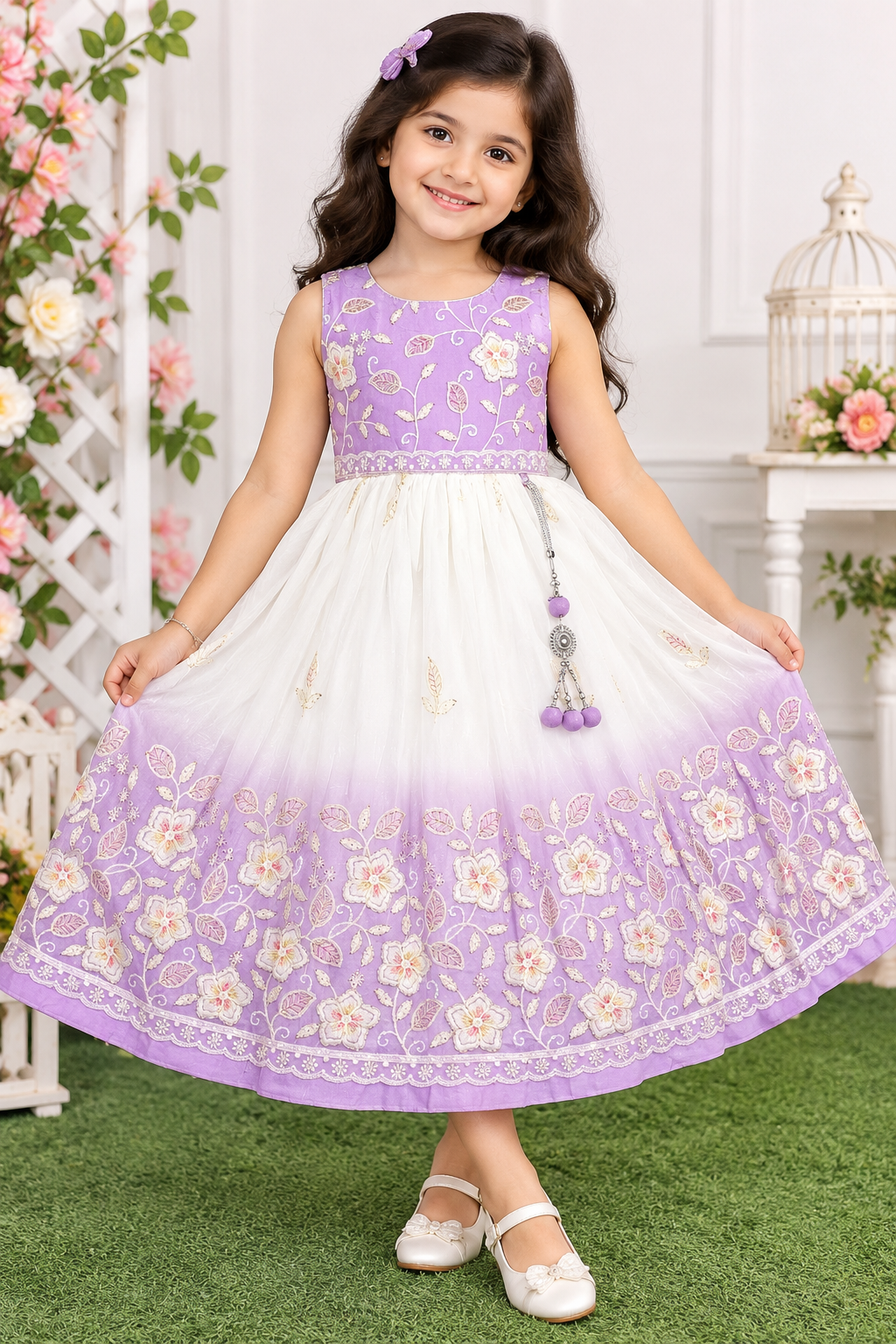 Girls Lavender Floral Embroidered Long Frock