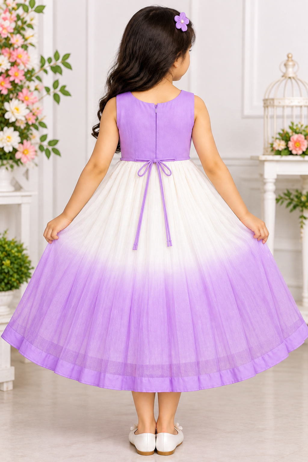 Girls Lavender Floral Embroidered Long Frock