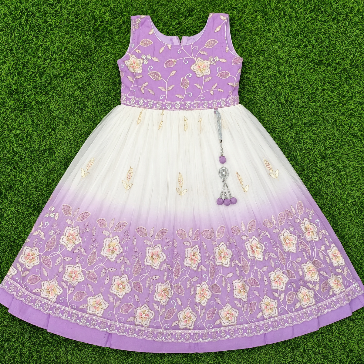 Girls Lavender Floral Embroidered Long Frock