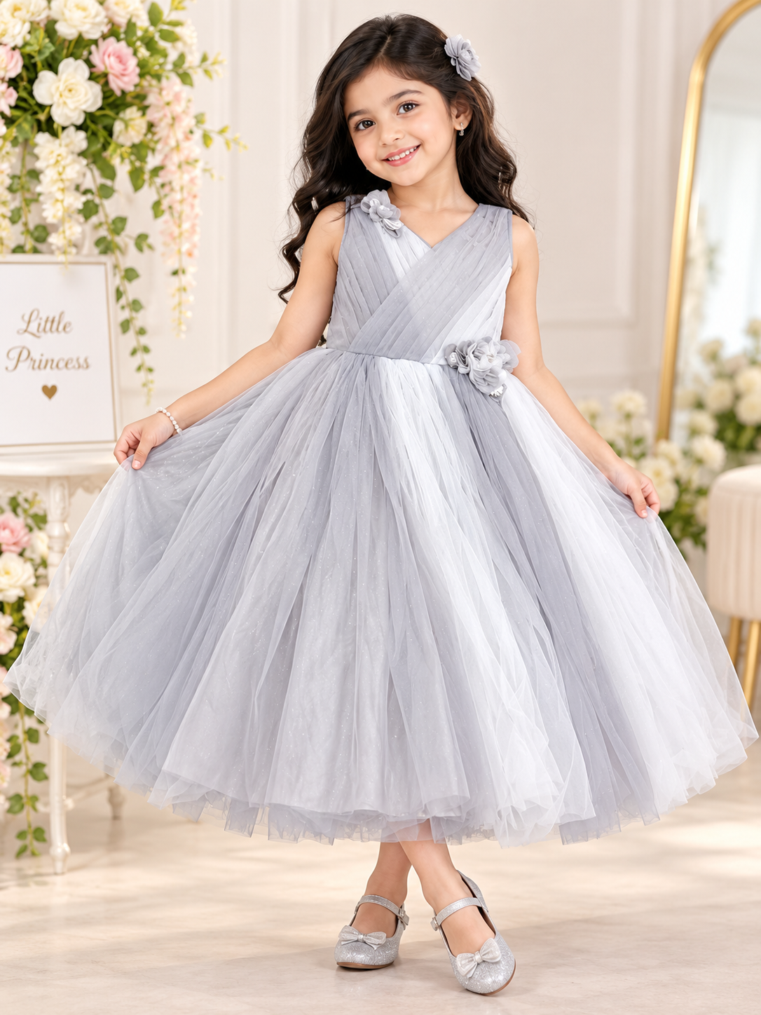 Girls Grey Glitter Net Party Long Frock