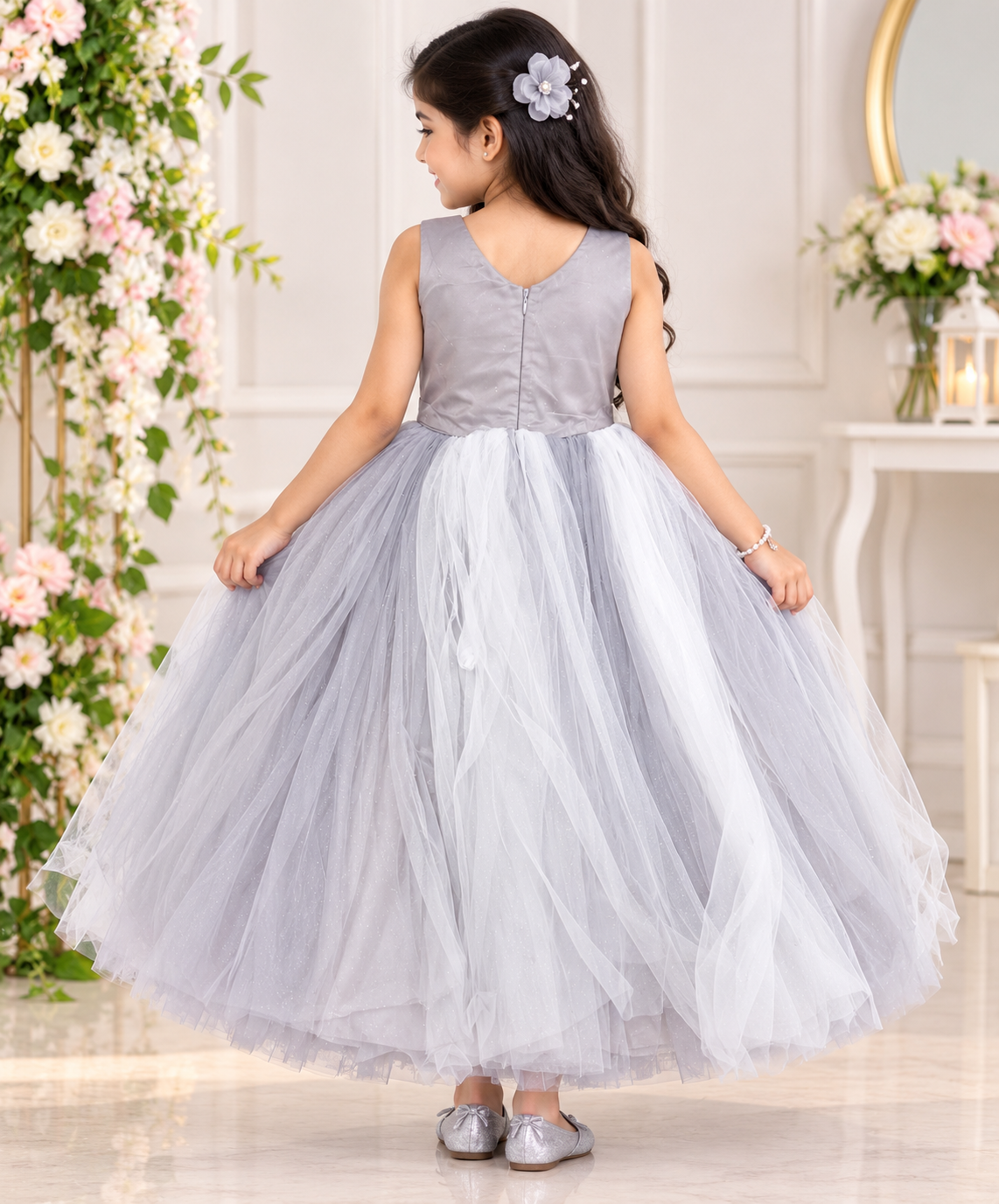 Girls Grey Glitter Net Party Long Frock