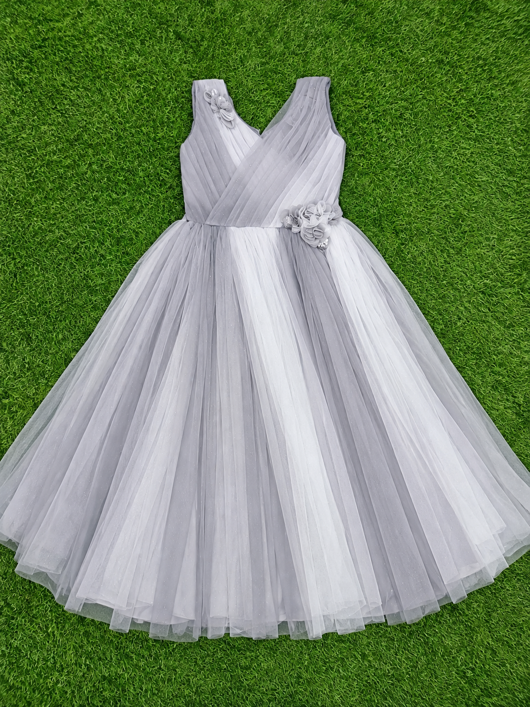 Girls Grey Glitter Net Party Long Frock