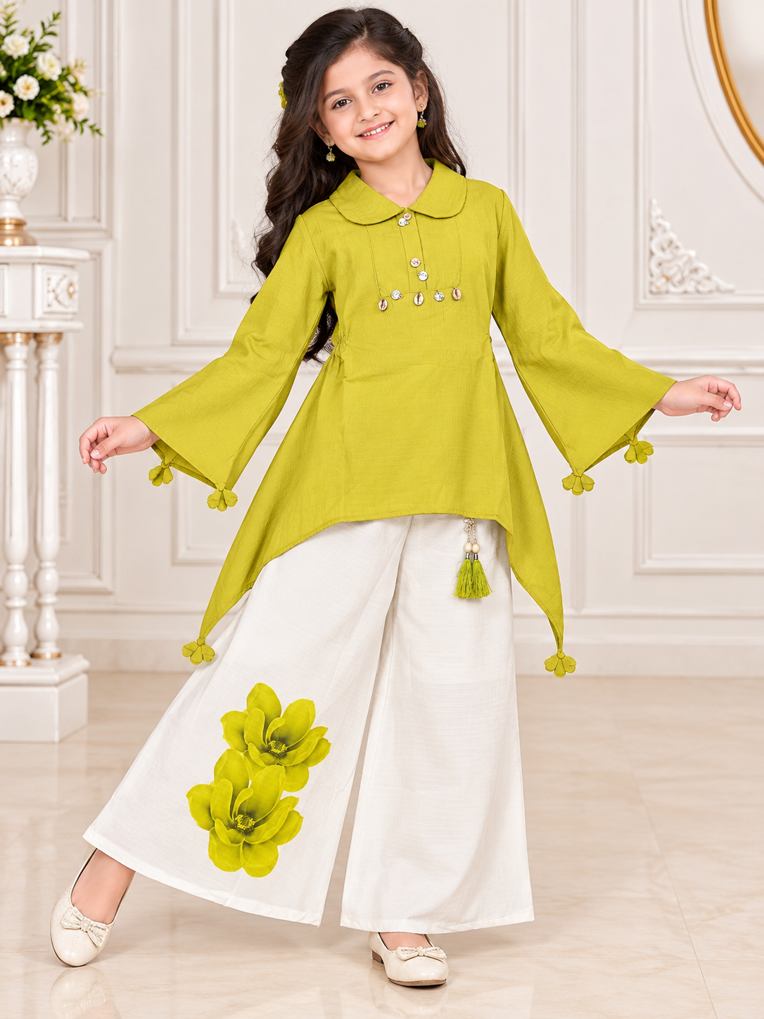 Girls Lime Green High-Low Top with White Floral Palazzo Set