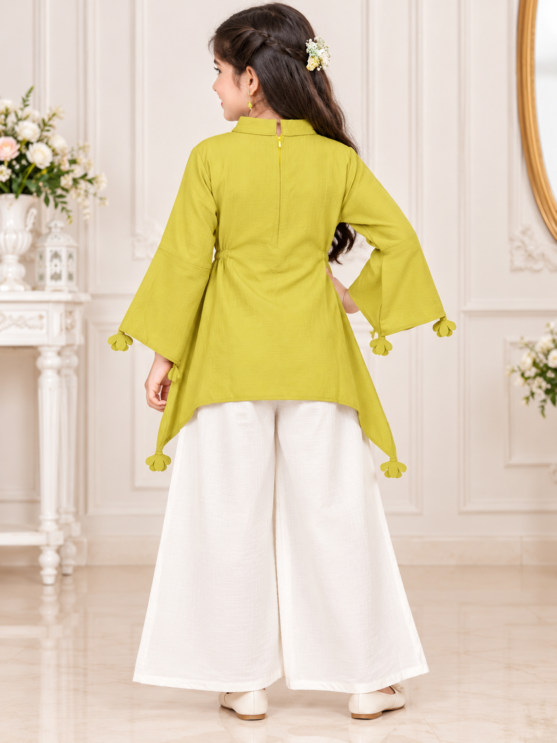 Girls Lime Green High-Low Top with White Floral Palazzo Set