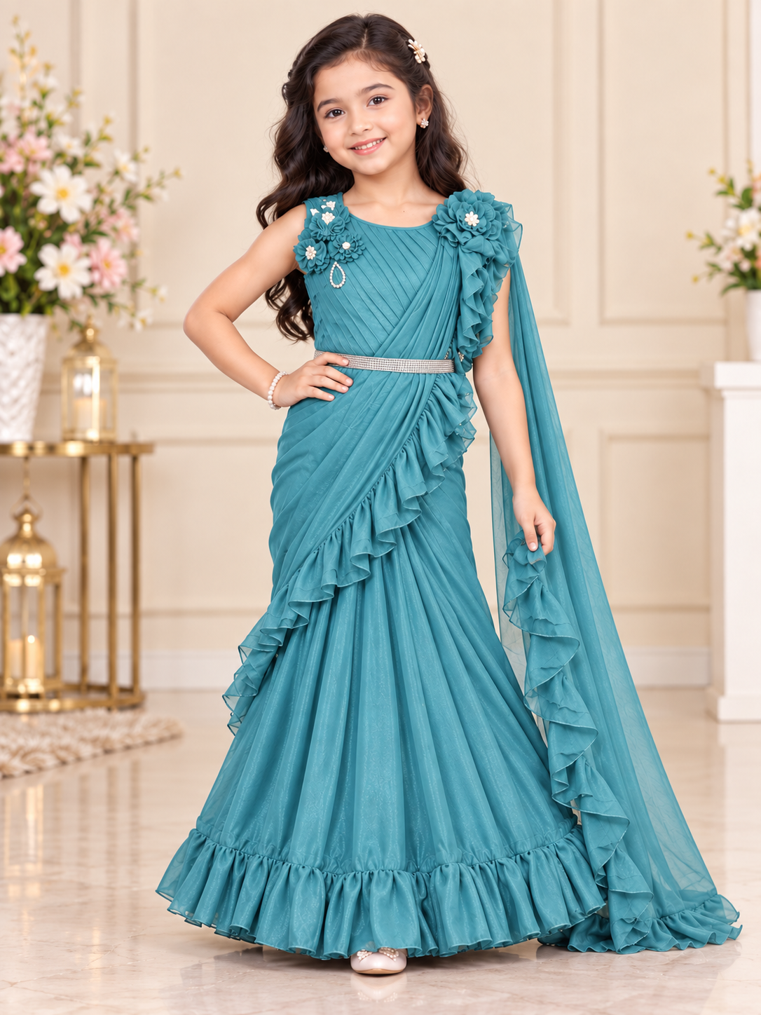 Girls Teal Green Crop Top with Flared Skirt & Dupatta Set