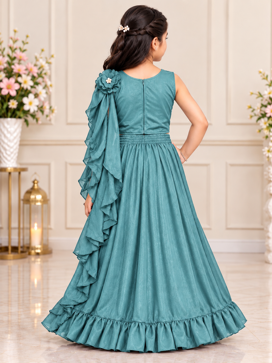 Girls Teal Green Crop Top with Flared Skirt & Dupatta Set
