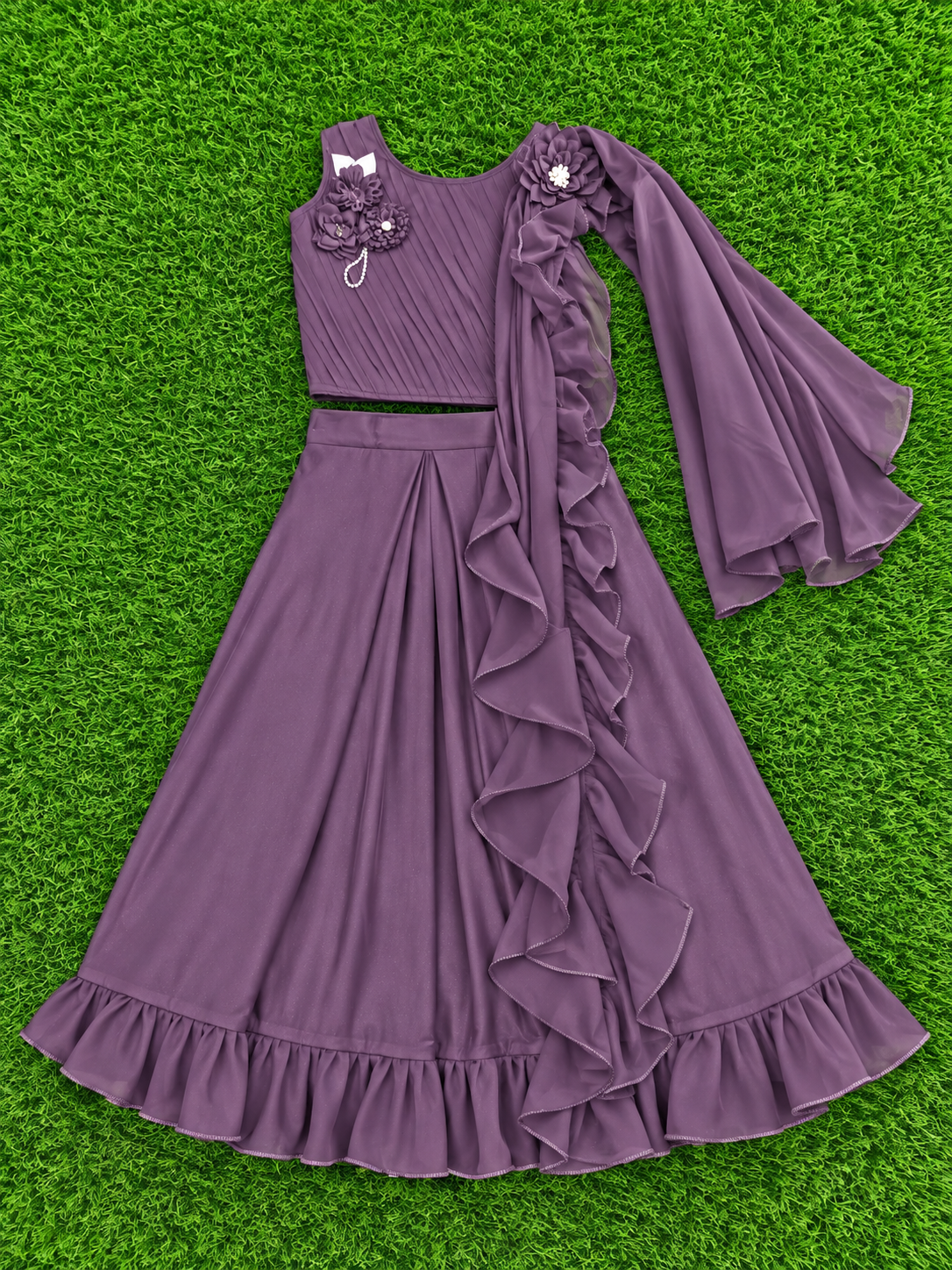 Girls Dark Purple Crop Top with Flared Skirt & Dupatta Set