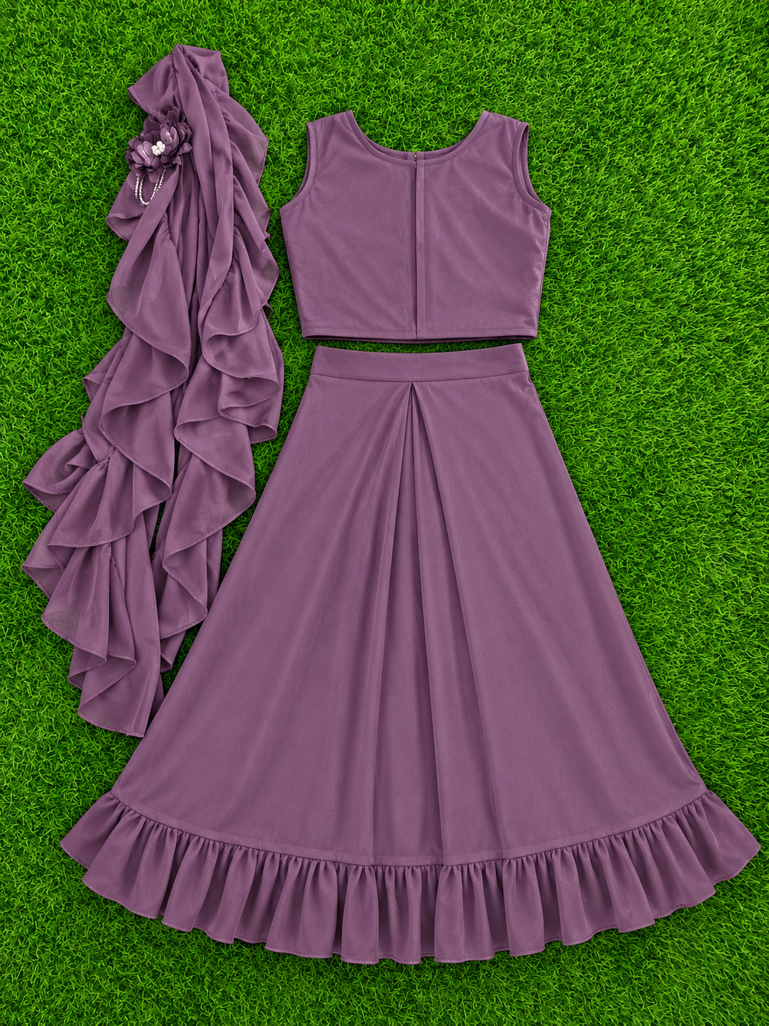 Girls Dark Purple Crop Top with Flared Skirt & Dupatta Set
