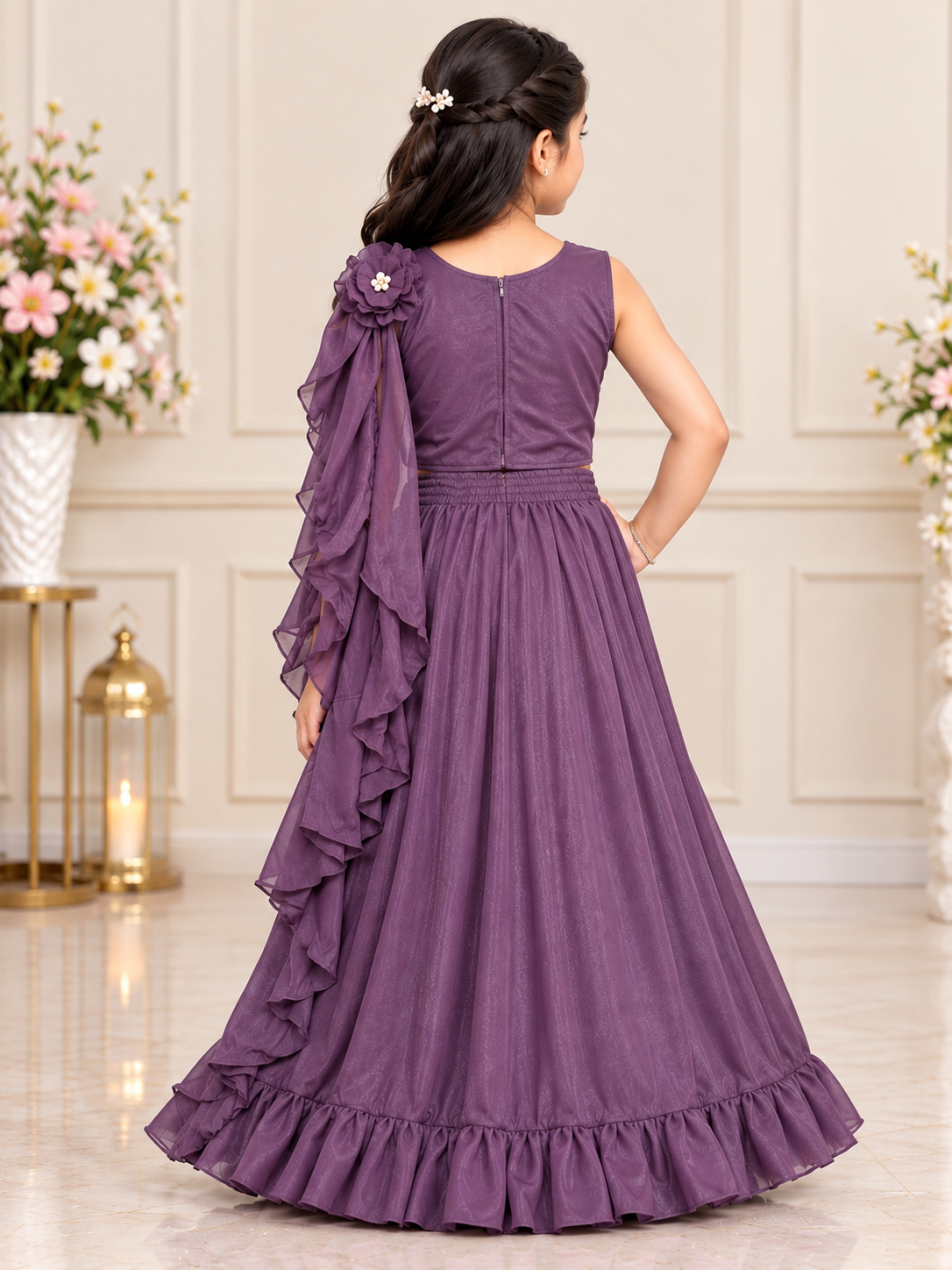 Girls Dark Purple Crop Top with Flared Skirt & Dupatta Set