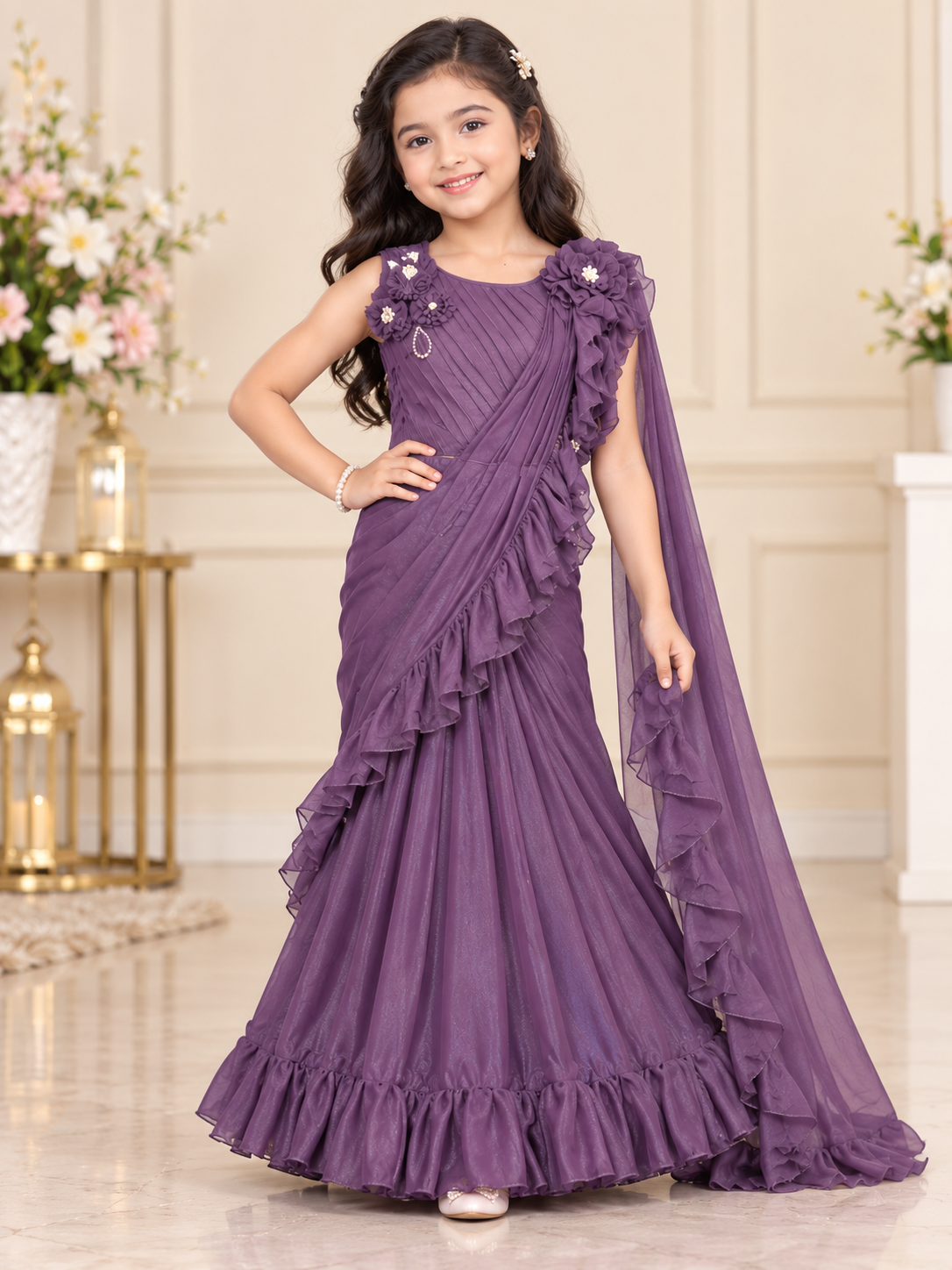 Girls Dark Purple Crop Top with Flared Skirt & Dupatta Set