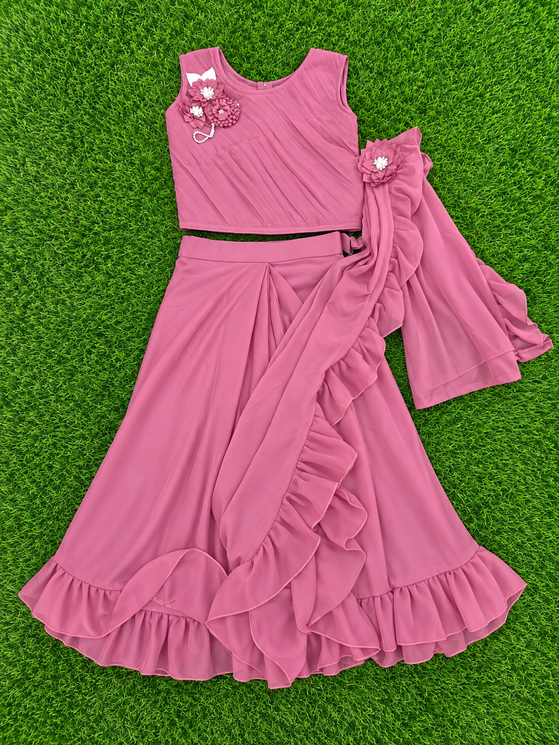 Girls Dusty Rose Crop Top with Flared Skirt & Dupatta Set