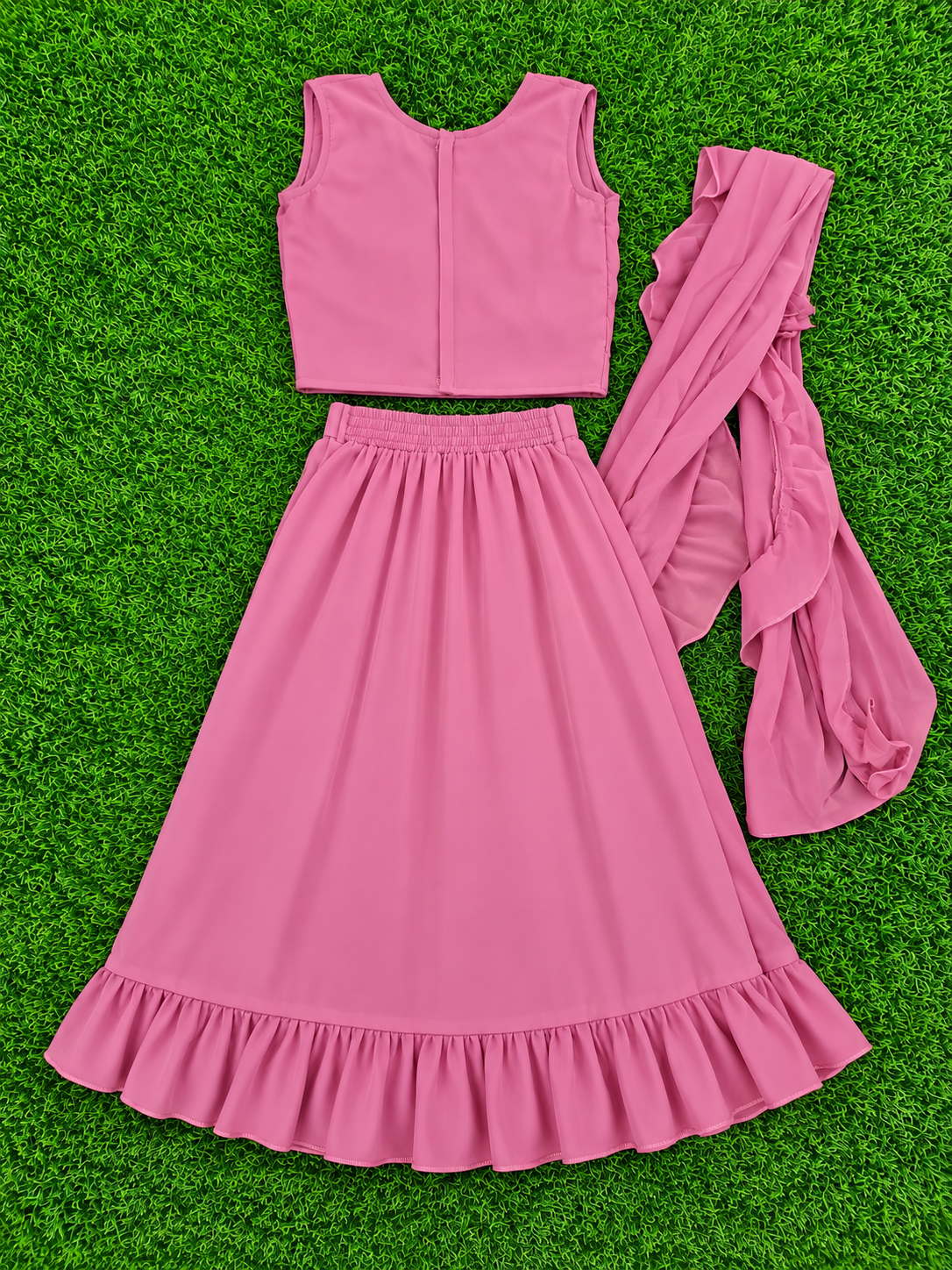 Girls Dusty Rose Crop Top with Flared Skirt & Dupatta Set