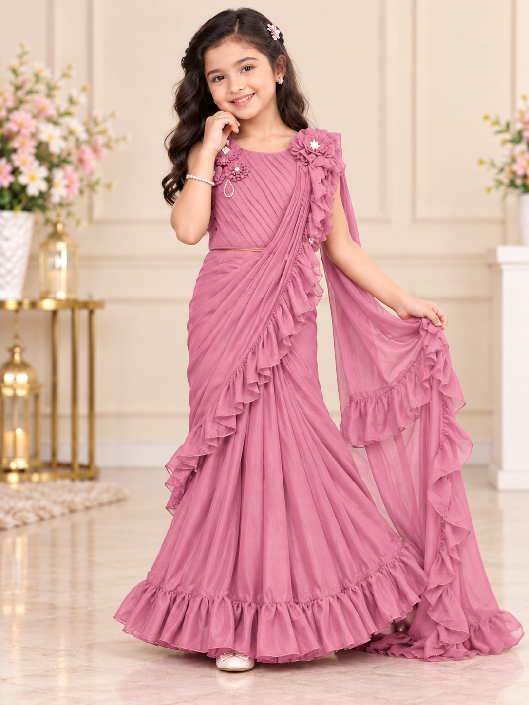 Girls Dusty Rose Crop Top with Flared Skirt & Dupatta Set