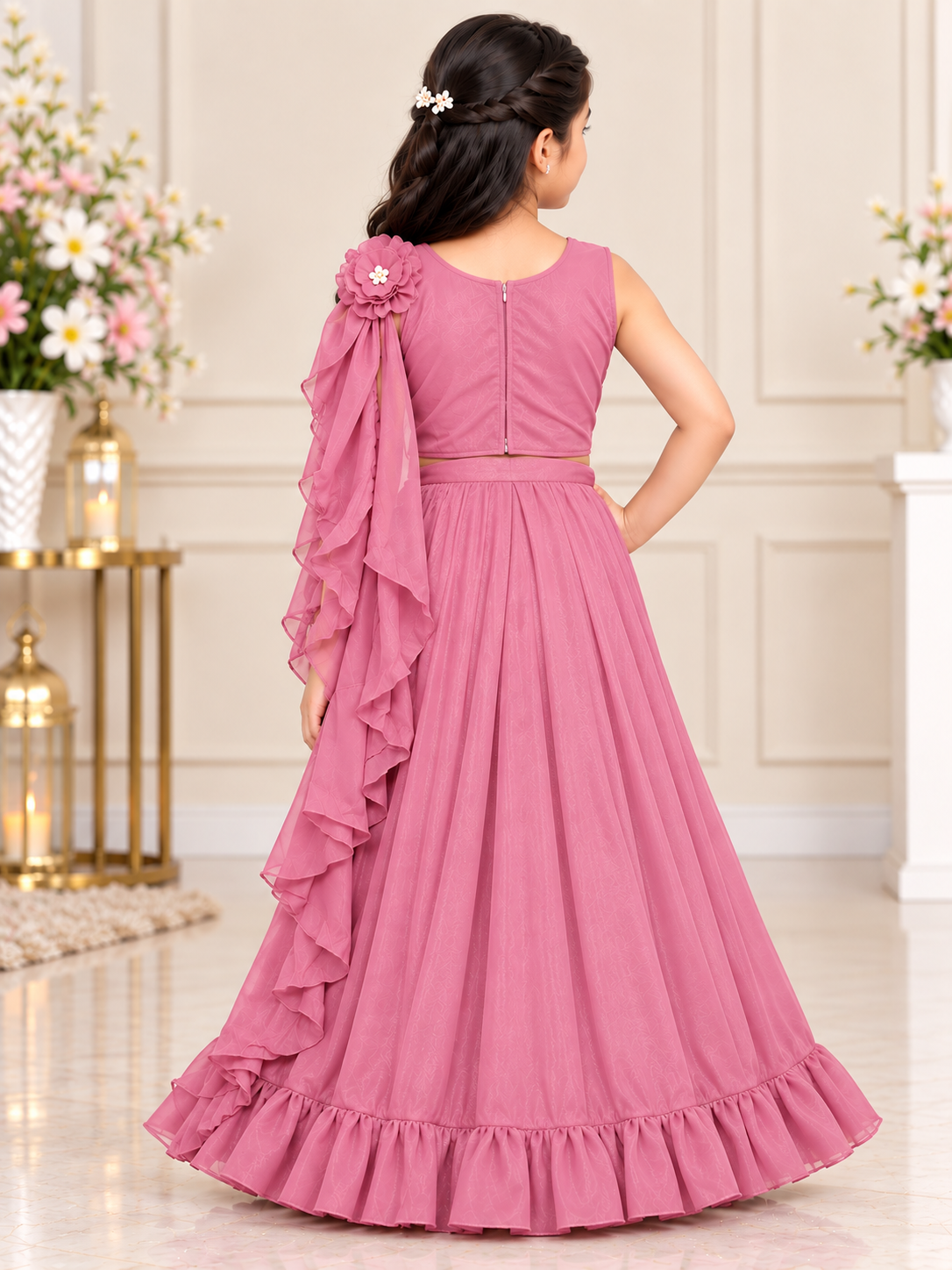 Girls Dusty Rose Crop Top with Flared Skirt & Dupatta Set