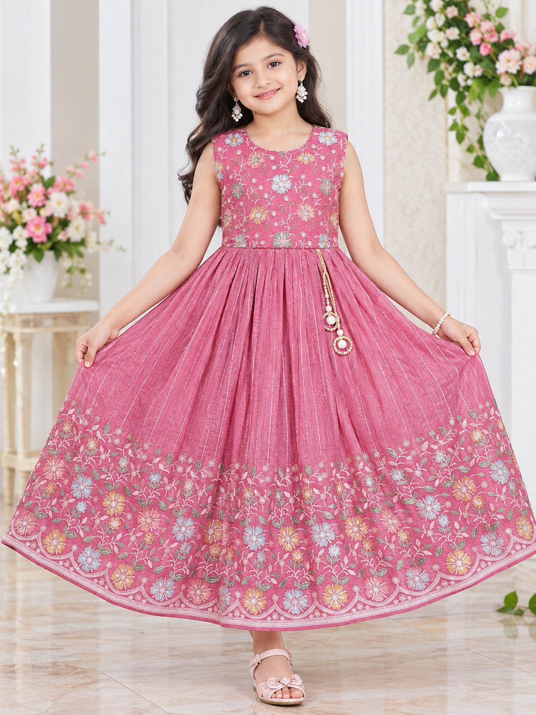 Women’s Pink Floral Printed Anarkali Long Dress