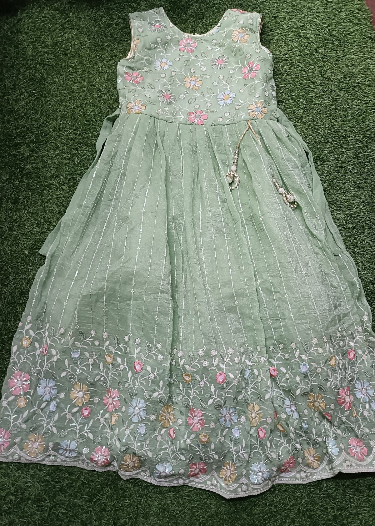 Women’s Pista Green Floral Printed Anarkali Long Dress