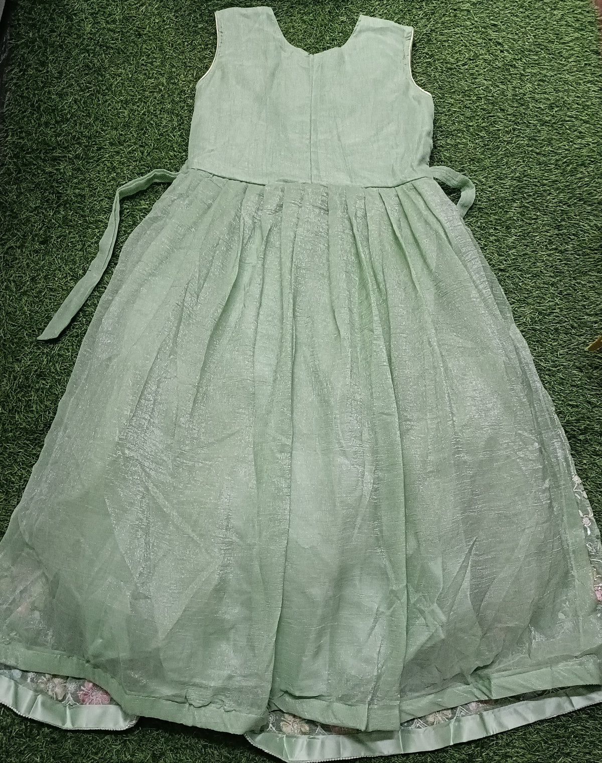 Women’s Pista Green Floral Printed Anarkali Long Dress