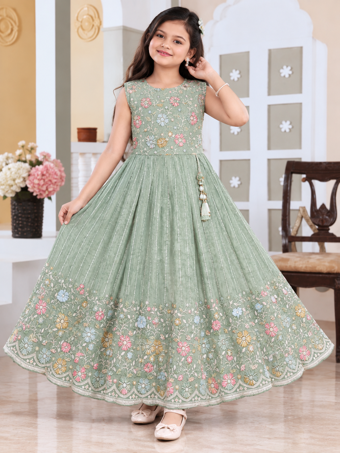 Women’s Pista Green Floral Printed Anarkali Long Dress