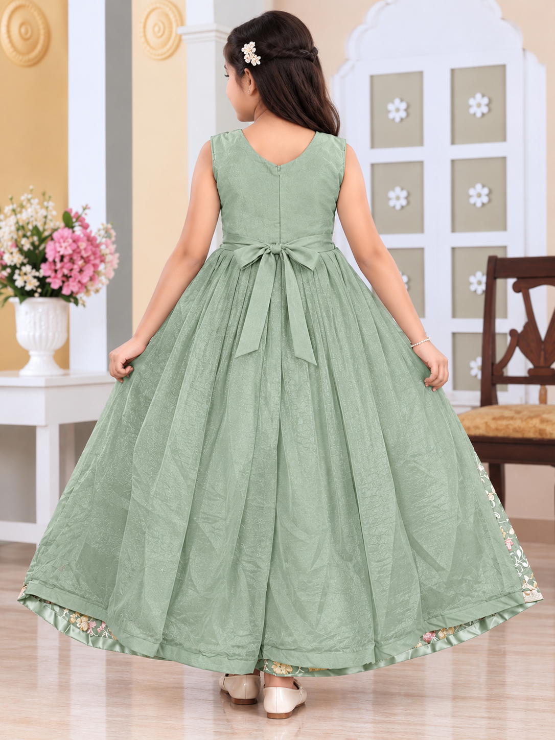 Women’s Pista Green Floral Printed Anarkali Long Dress