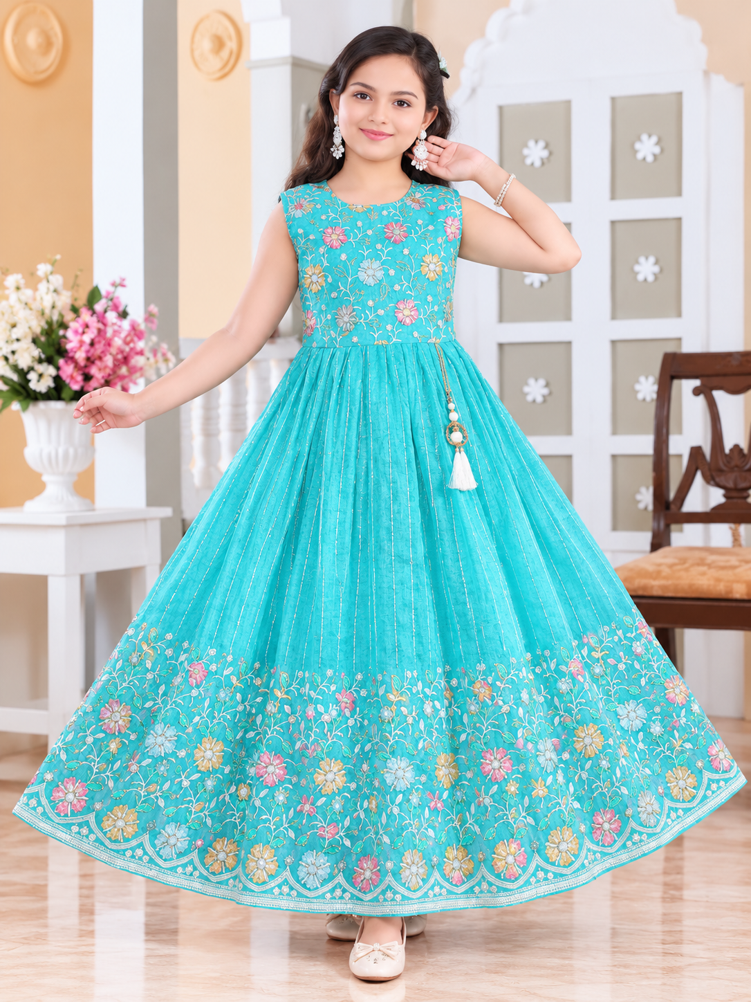 Girls Raama Green Floral Printed Anarkali Long Dress