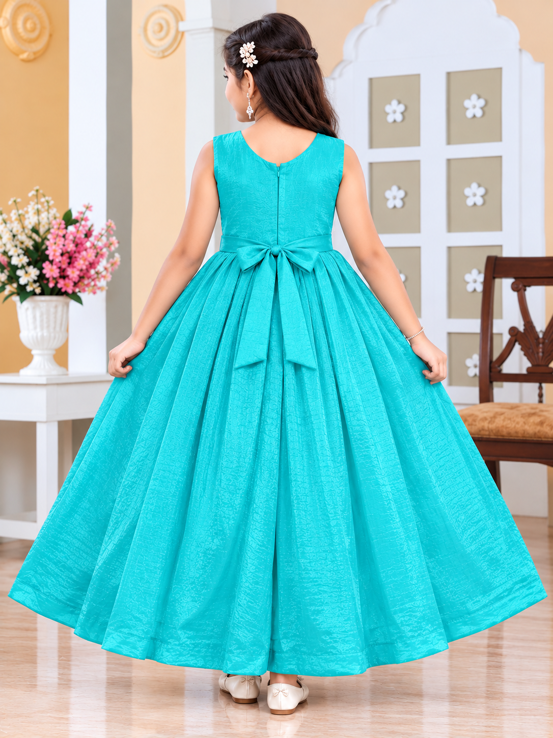 Girls Raama Green Floral Printed Anarkali Long Dress