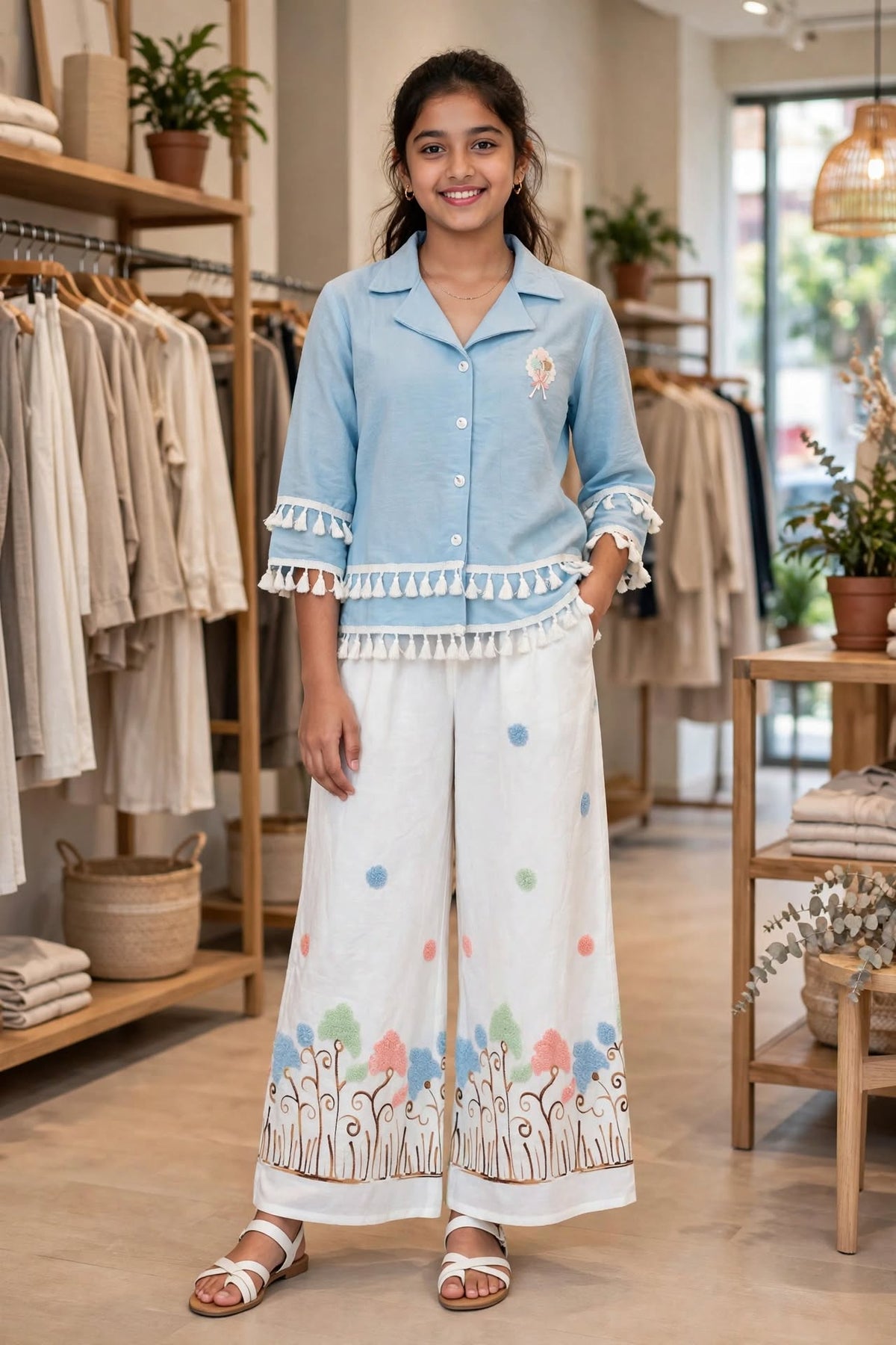 Girls Sky Blue Tassel Shirt with Embroidered White Wide-Leg Pants