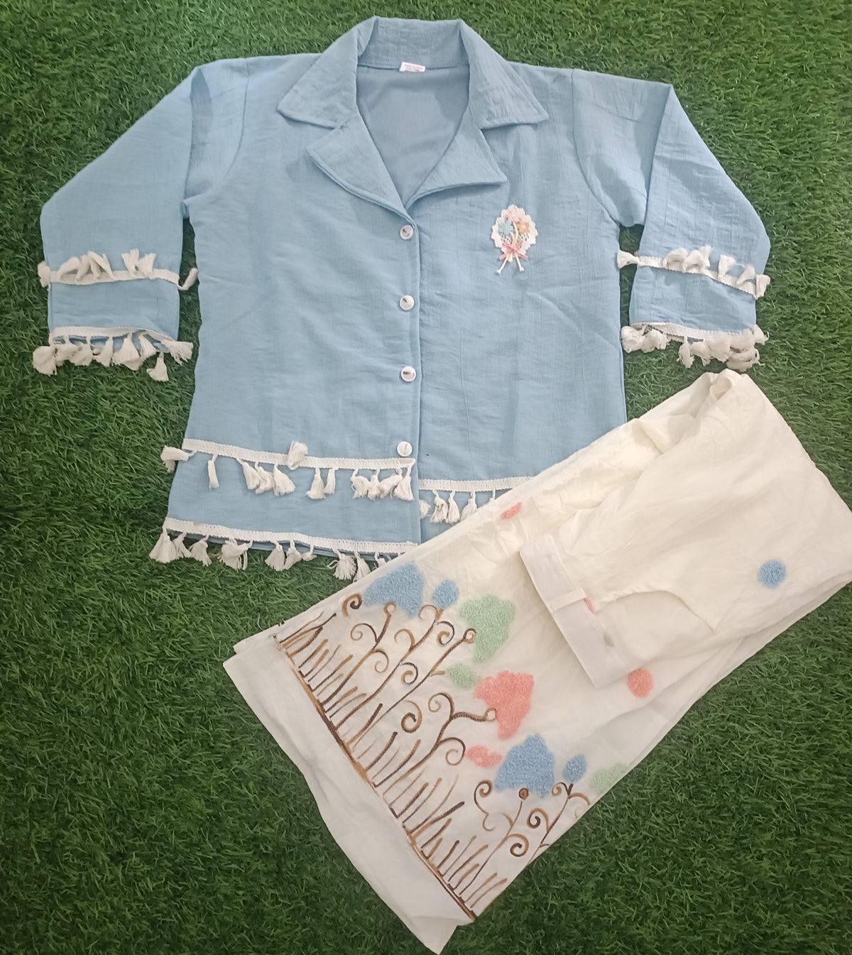 Girls Sky Blue Tassel Shirt with Embroidered White Wide-Leg Pants