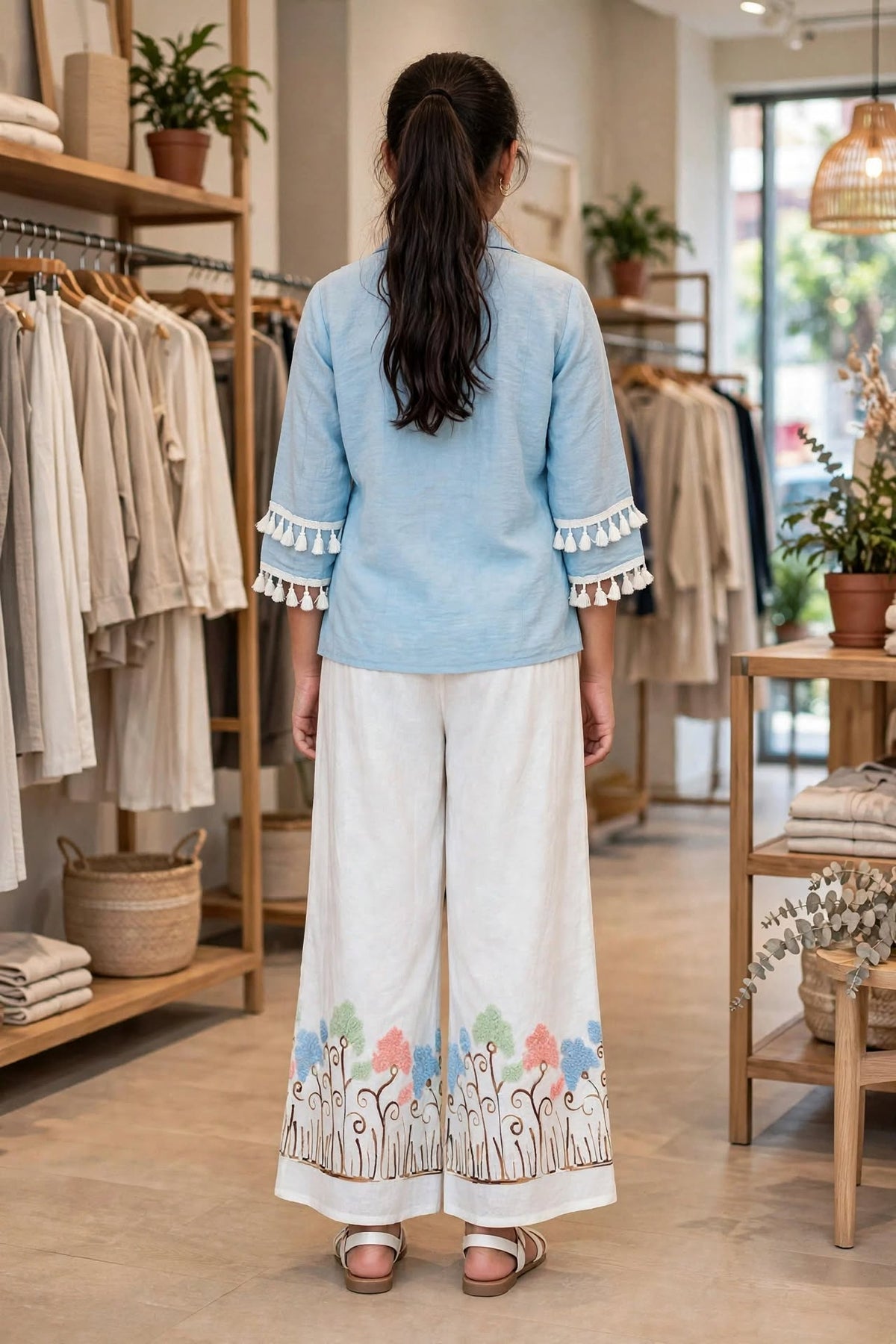 Girls Sky Blue Tassel Shirt with Embroidered White Wide-Leg Pants