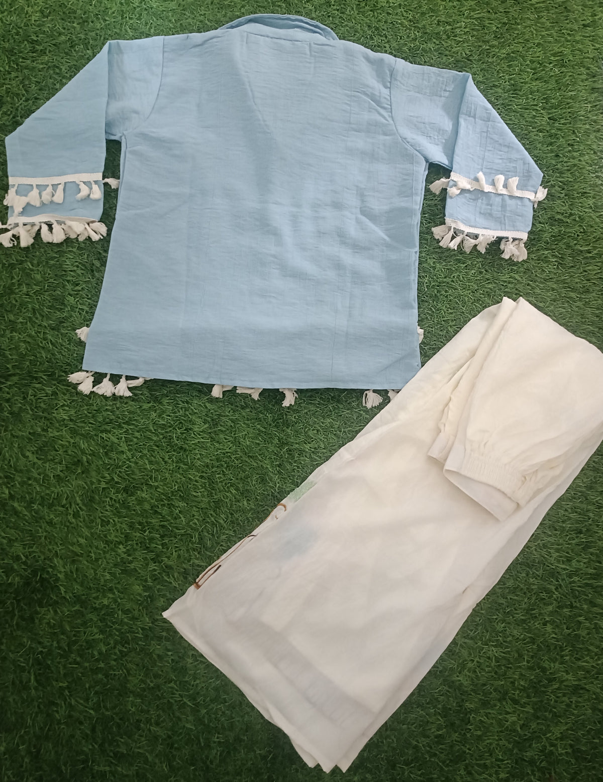 Girls Sky Blue Tassel Shirt with Embroidered White Wide-Leg Pants