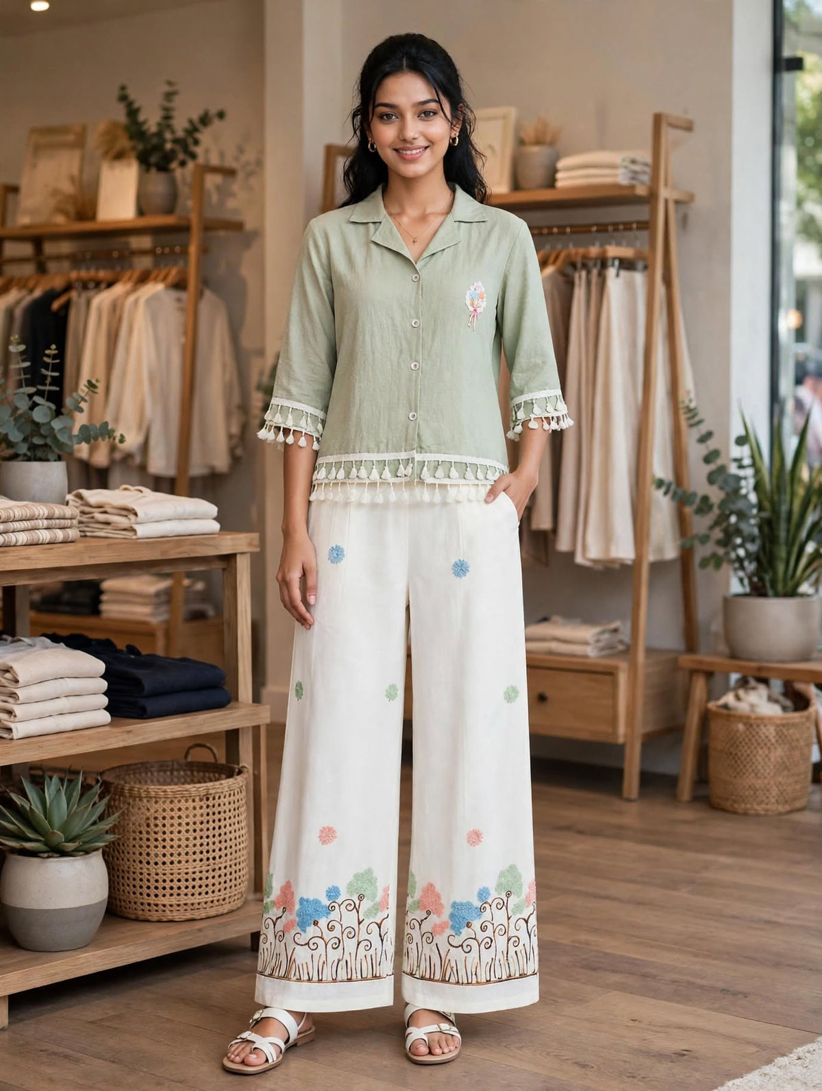 Girls Sage Green Tassel Shirt with Embroidered White Wide-Leg Pants