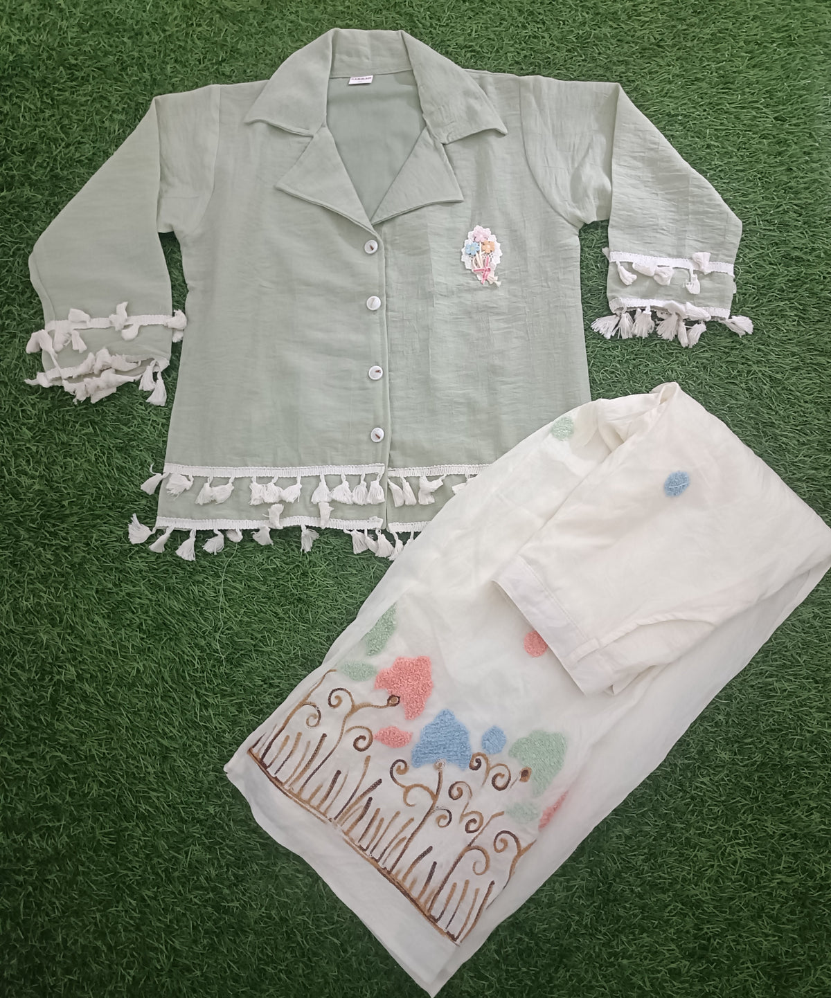 Girls Sage Green Tassel Shirt with Embroidered White Wide-Leg Pants
